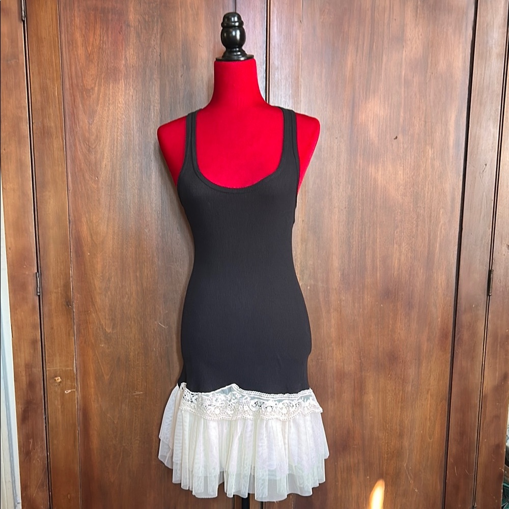 Y2K Black Tank Dress with Creamy Lace Hem M